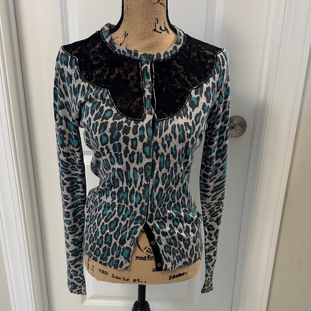 Lucky Brand Teal and Black Lace Leopard Button Down Shirt